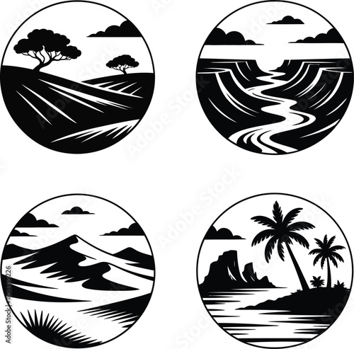 Circular Silhouettes of African Savanna and Desert Landscapes