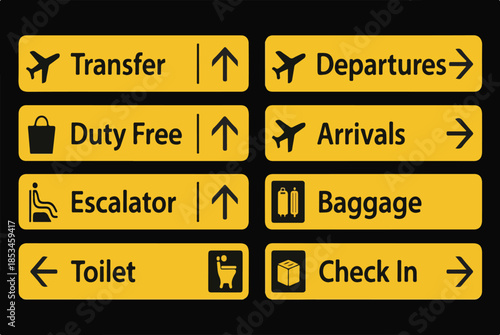 Set of Eight Yellow Airport Directional Signs on a Black Background for Services like Transfers, Arrivals, and Baggage