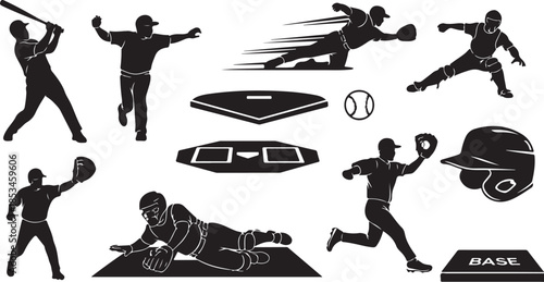 Black and white baseball players in various poses and equipment