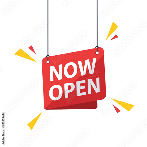 Red now open sign suitable for business websites, social media posts, and marketing materials, welcoming customers to a new establishment.