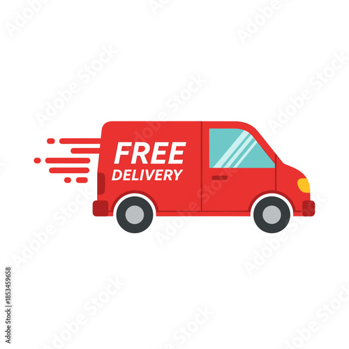 Red delivery van with free delivery text is suitable for promotional materials, websites, and social media posts for delivery services. Promotional material depicting a red delivery van