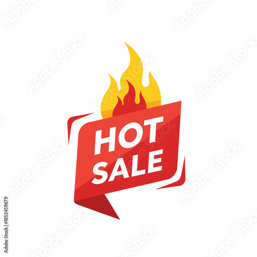 Red hot sale banner with yellow flame accents for promoting discounts. Suitable for marketing and advertising campaigns online or in print.