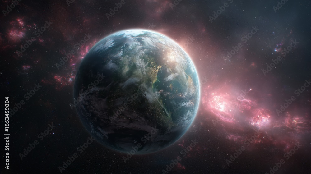 Fototapeta premium A stunning view of Earth surrounded by cosmic clouds and stars in deep space