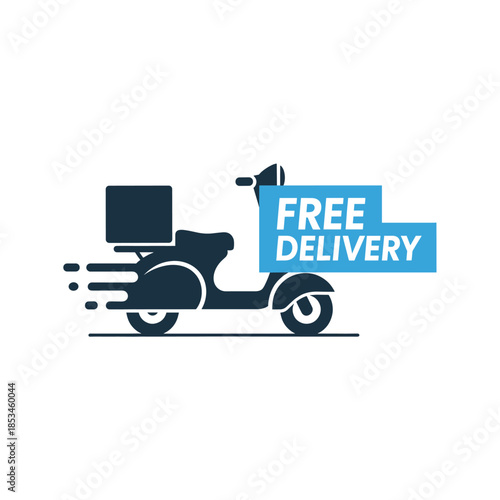 Free Delivery Service Logo Vector. Fast Shipping Scooter Icon with Package Box and Text Label for Courier and Logistics.