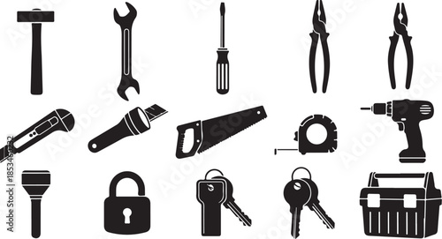 Black and white illustration of various tools and equipment
