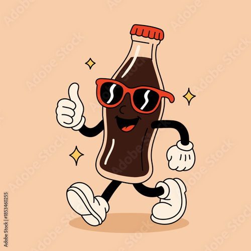 Cool groovy soda bottle cartoon character giving thumbs up, Vector illustration of a cute smiling soda glass bottle in retro groove style