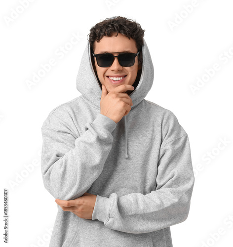 Young man in grey hoodie wi...