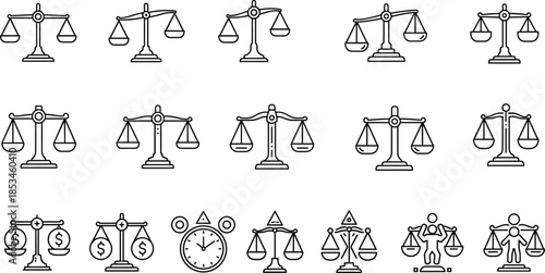 Justice and law balance scale line icons set symbolizing legal fairness equality court judgment rights and ethical decision making