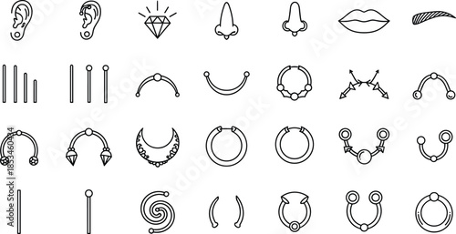 Minimal body piercing icon set featuring ears nose lips eyebrows and jewelry rings in clean outline vector illustration style