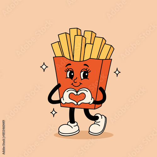 Cute groovy french fries cartoon character making heart gesture, playful retro groovy french fries food mascot illustration for branding, stickers, social media design