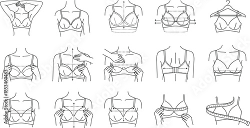 Minimal bra fitting and measurement icon set featuring lingerie sizing adjustment support and women underwear guidance in clean outline vector style