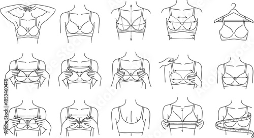 Minimal bra fitting and sizing icon set featuring lingerie measurement adjustment support and women underwear guidance in clean outline vector style