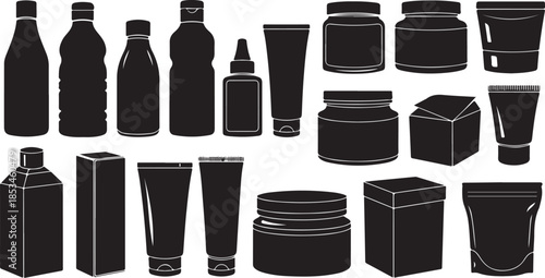 Black silhouettes of various cosmetic product packaging