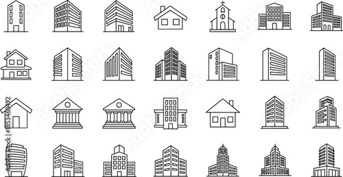 Minimal building and architecture icon set featuring houses offices apartments skyscrapers landmarks and urban real estate symbols in clean outline vector style