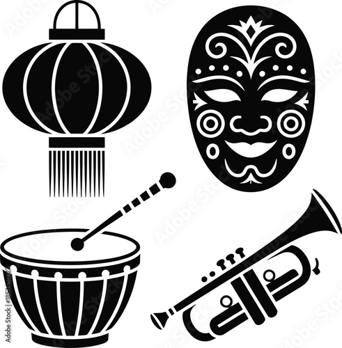 Festive Celebration Icons Set Keywords: festival, celebration, party, mask, tribal mask, lantern, Chinese lantern, drum, bongo drum, stick