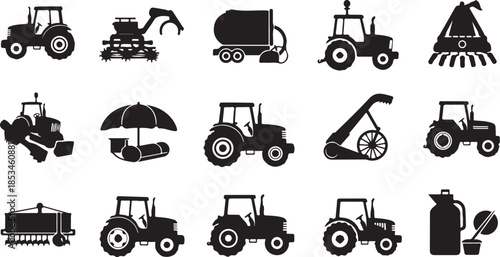 Tractor and farm equipment icons in black silhouette style