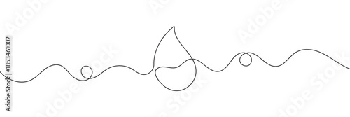 Continuous line water drop art droplet icon rain outline sketch doodle drawing. One line linear blood sea water drop drawn tear eco donation abstract medical simple logo isolated. Vector Illustration.