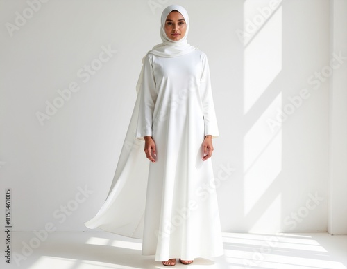 A young beauty in a white fashion gown poses as a model bride wearing elegant wedding clothing for a person in love