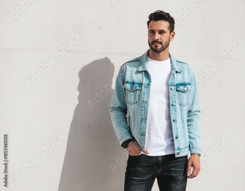 A confident young businessman in a black shirt and jeans stands posing in a studio with a handsome smile and stylish fashion expression