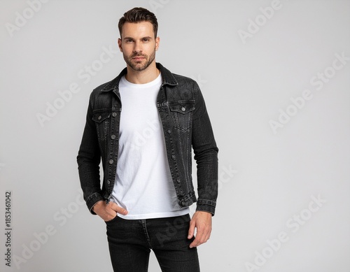 A handsome young businessman posing in a stylish black suit and casual shirt while smiling and looking at the camera in a studio