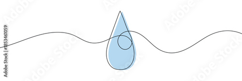 Continuous line water drop art droplet icon rain outline sketch doodle drawing. One line linear blood sea water drop drawn tear eco donation abstract medical simple logo isolated. Vector Illustration.