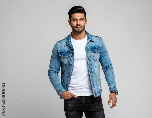 Confident young fashion model in a casual black shirt and jeans posing for a studio portrait with a cool smile