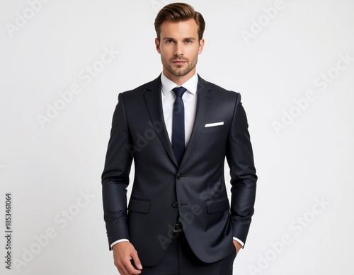 A portrait of a confident and handsome young businessman in a professional suit and tie smiling while standing as a successful executive manager in a studio