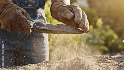 Gardener Shoveling Sand with Gloved Hands.
