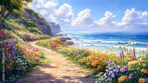 Coastal pathway with lush flora and ocean view under a bright sky