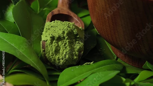 Matcha green tea in a wooden spoon.