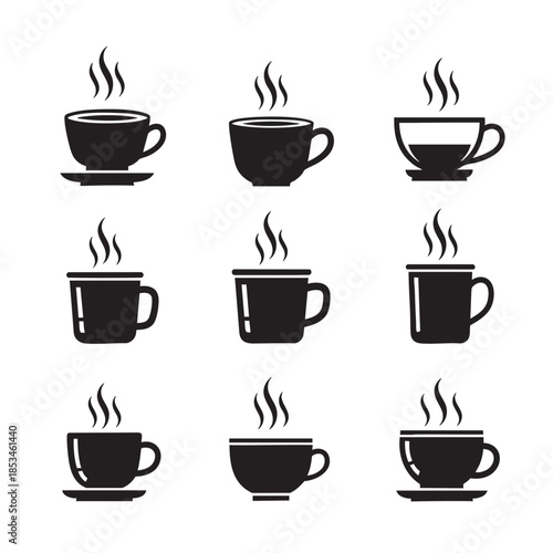 Collection of Black and White Coffee Cup Icons Showing Hot Beverage Symbols
