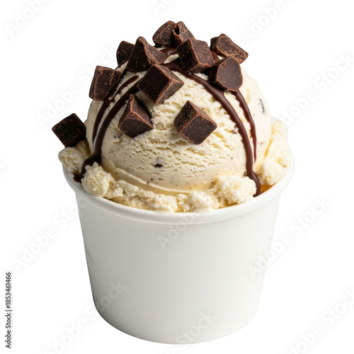 Vanilla chocolate chip ice cream scoop in a white paper cup, isolated subject for dessert menu