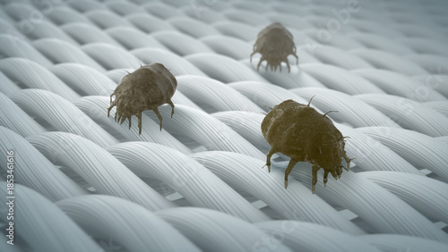 Canvastavla Microscopic view of fabric fiber with Dust mite, Fabric hygiene concept, 3D rend
