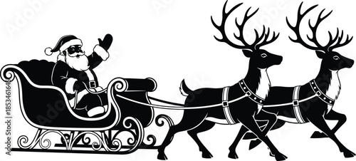 Santa Claus riding sleigh pulled by reindeer silhouette illustration for Christmas holiday winter celebration festive vector design art