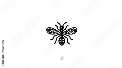 Detailed minimalist line art illustration of a bee insect with intricate decorative wings in black and white.