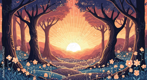 A serene forest bathed in the warm glow of a setting sun painting the sky with vibrant hues.