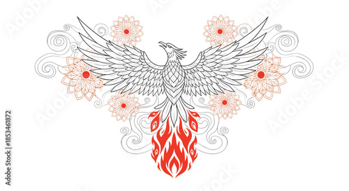 A majestic phoenix rises with intricate wings adorned with floral patterns and fiery elements.
