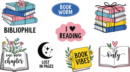 Book Lover Sticker Vector Set with Reading Quotes, Bookworm Typography, Bibliophile Illustrations and Cute Literary Designs