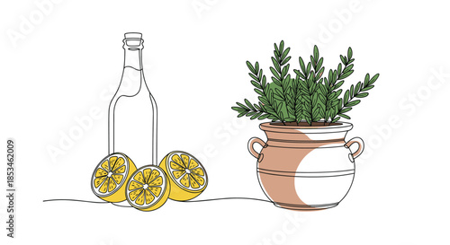 A refreshing drink with lemon and thyme served in a simple setting.