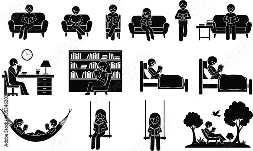 People Reading Books Silhouette Vector Set Showing Readers at Home, Library, Bed, Park and Relaxing Scenes