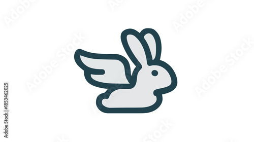 Cute flying rabbit icon, simple winged bunny illustration, magical creature symbol for fantasy concepts and whimsical designs.