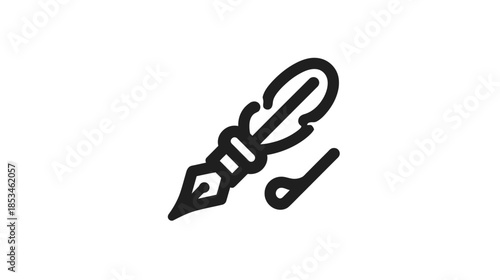 Quill pen and ink drop icon. Vintage writing tool symbol. Education, literature, history, creativity, communication line vector illustration.