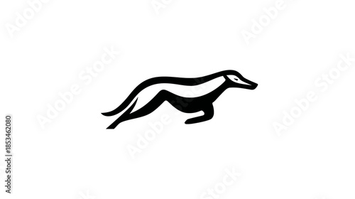 Abstract black and white stylized illustration of a running badger or weasel-like animal, a dynamic graphic design element