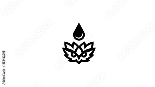 Minimalist black and white icon of an owl's face integrated into a lotus flower with a drop of water above, symbolizing wisdom and nature.