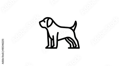Minimalist black outline dog icon standing in profile. Simple vector illustration of a domestic animal for pet designs.