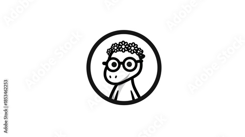 Cute cartoon character with round glasses and flower wreath. Whimsical line art illustration of a nerdy creature avatar icon.