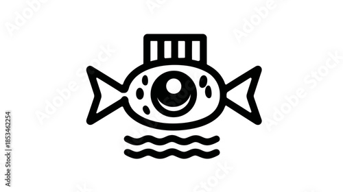 Stylized fish icon swimming in water, minimalist black and white vector illustration for marine life or aquatic themes
