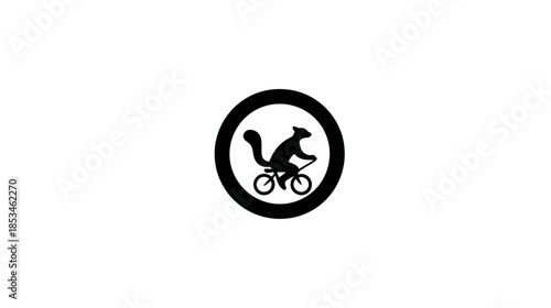 Playful Rodent Animal Riding Bicycle Black Silhouette Icon in Circular Frame. Humorous Graphic Vector Symbol on White.