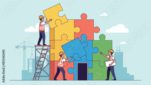 Teamwork in action building colorful puzzle pieces together