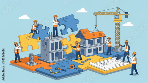 Construction workers assembling puzzle pieces to build modern homes